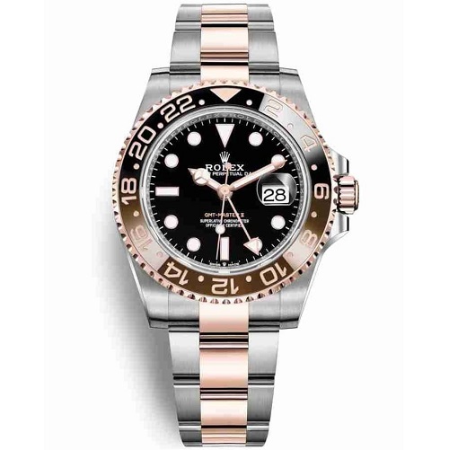 ROLEX OYSTER PERPETUAL GMT CERAMIC BEZEL WATCH BLACK WITH STAINLESS STEEL SILVER&ROSE GOLD BEL