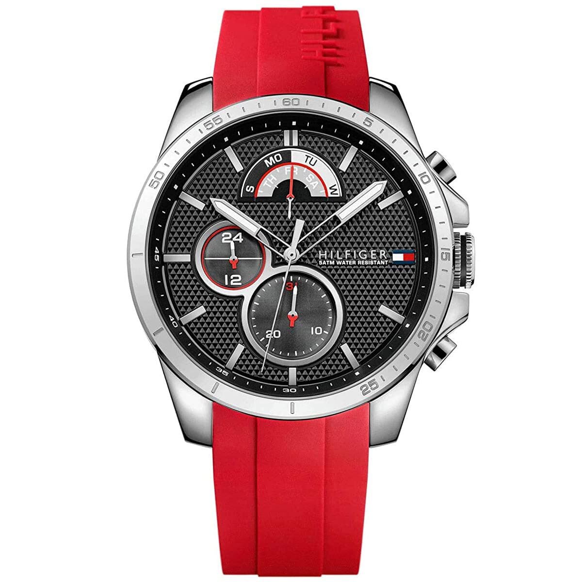 1791351-tommy-hilfiger-watch-men-black-dial-rubber-red-strap-quartz-analog-day-date-month-decker