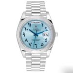 Rolex Day Date Arabic Watch Blue With Stainless Steel Silver Belt