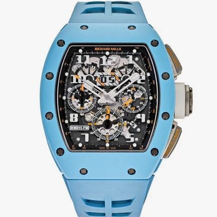 Richard-Mille-RM11-baby-blue-Rubber-Strap-Black-dial-rectaingle-men's-watch