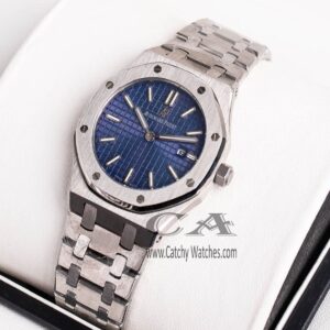 Audemars-Piguet-AP-watch-with-silver-stainless-steel-Strap-and-Blue-Dial