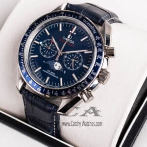 omega-watch-for-men-black-leather-strap-Blue-Dial