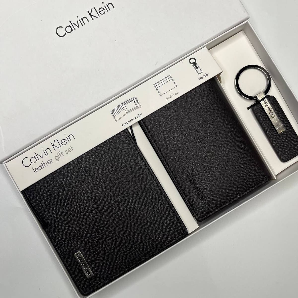Original-Set-Calvin-Klein-Leather-Wallet-Black-Card-Case-key-chain-CK