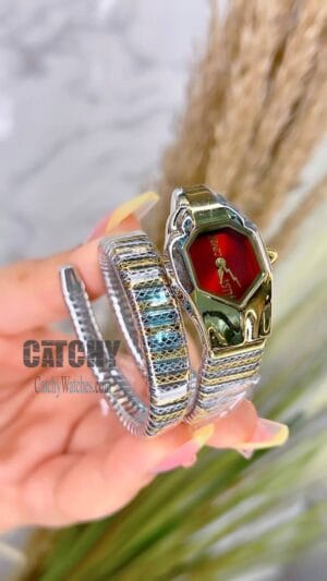 just-cavalli-watch-for-women-3three-turn-snake-shape-with-red-dial-metal-strap-silver-and-gold-color-belt