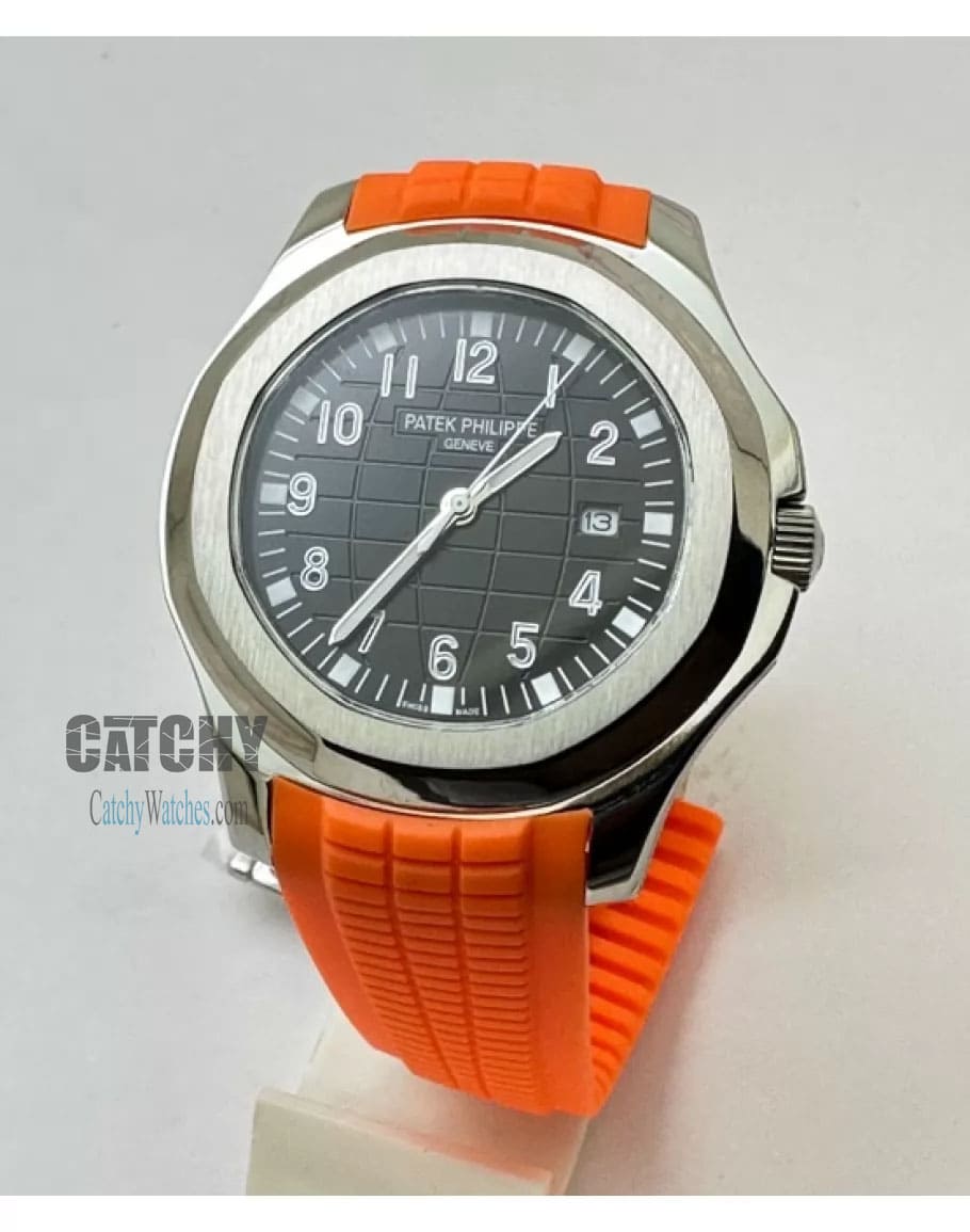 patek-philippe- aquanaut -watches-egypt-for-men-with-black-Dial-and-orange-rubber-selecon-color-strap-silver-belt-silver-case-automatic-japanese-watch