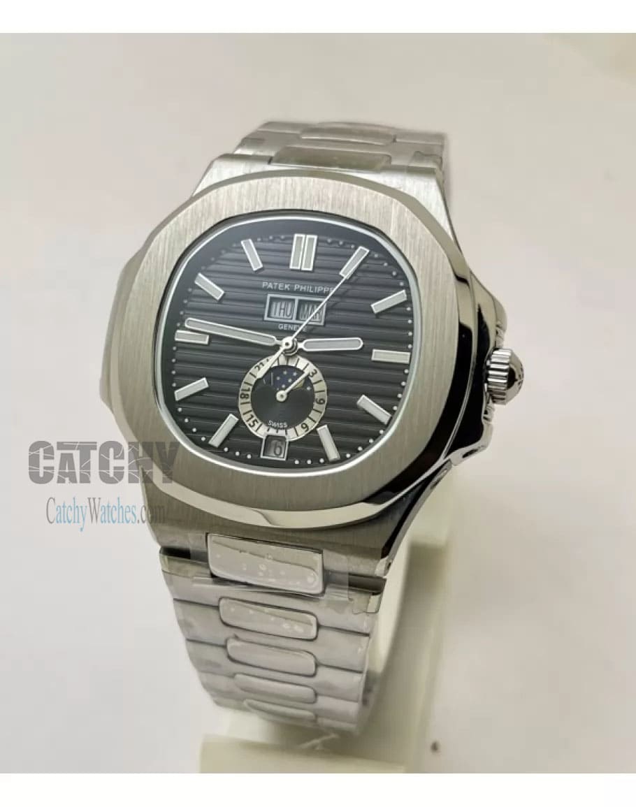 patek philippe automatic watches Anautilus Annual Model in Egypt For men with Black Dial and Silver Metal Color Strap Silver Case sapphire crystal