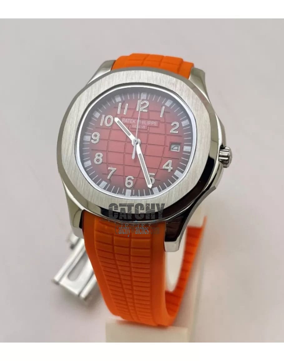 patek-philippe-automatic-watches-anautilus-annual-geneve-model-in-egypt-For-men-with-orang-dial-and-orange-rubber-color-Strap-silver-case-sapphire-crystal