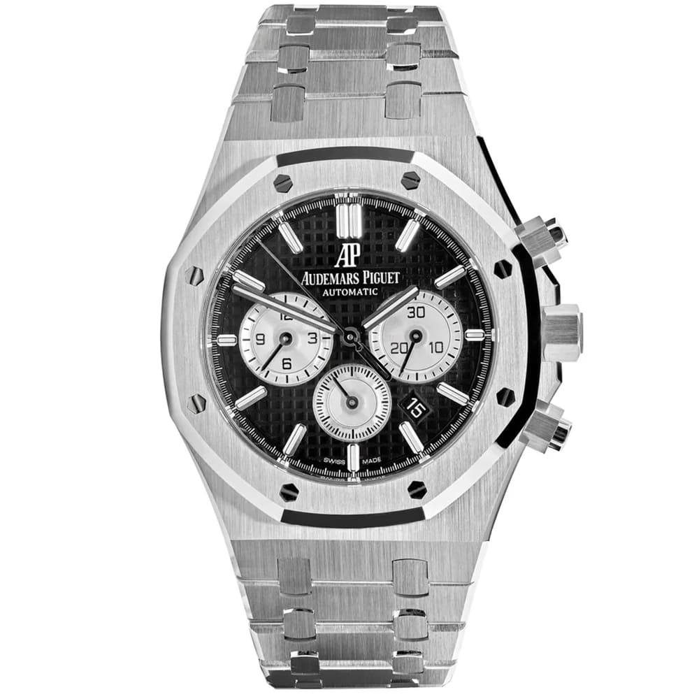 audemars-piguet-royal-oak-watch-chronograph-steel-black-white-dial-silver-metal-strap-egypt