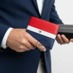Man in a dark suit holds a red, white, and navy Tommy Hilfiger wallet with brand logo visible.