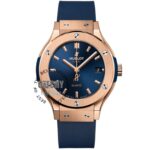 hublot-classic-fusion-racing-watch-men-women-mirror-replica-blue-rubber-strap-dial-rose-gold-case-egypt-42mm