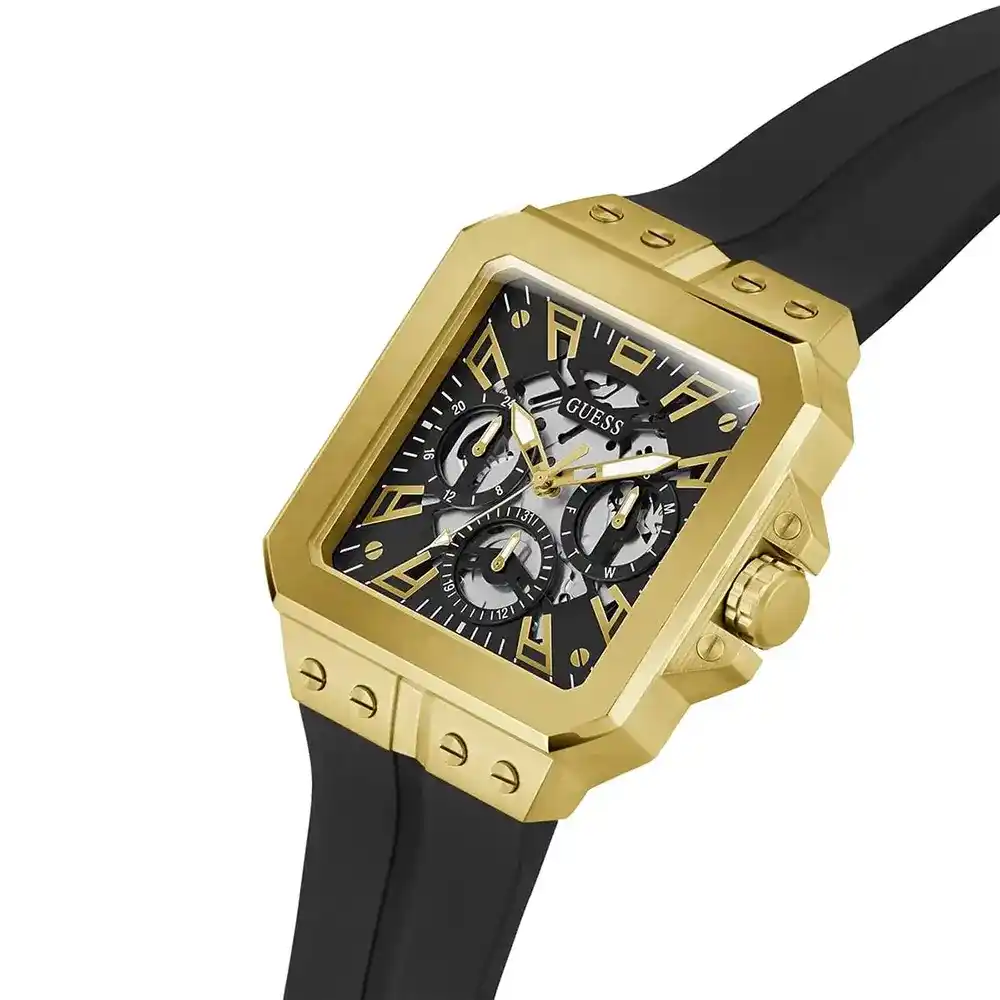 GUESS GW0637G2 Orologio Uomo Leo – Cassa Quadrata 42mm Oro E Nero – Cinturino In Silicone Nero – Quadrante Multifunzione