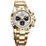Gold Rolex Daytona-style watch with a textured silver dial and black subdials, full gold bracelet and bezel detail, luxury timepiece.