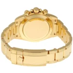 Gold-tone stainless steel wristwatch with a closed case back and a matching linked bracelet; clasp bears a small crown logo (Rolex-style).