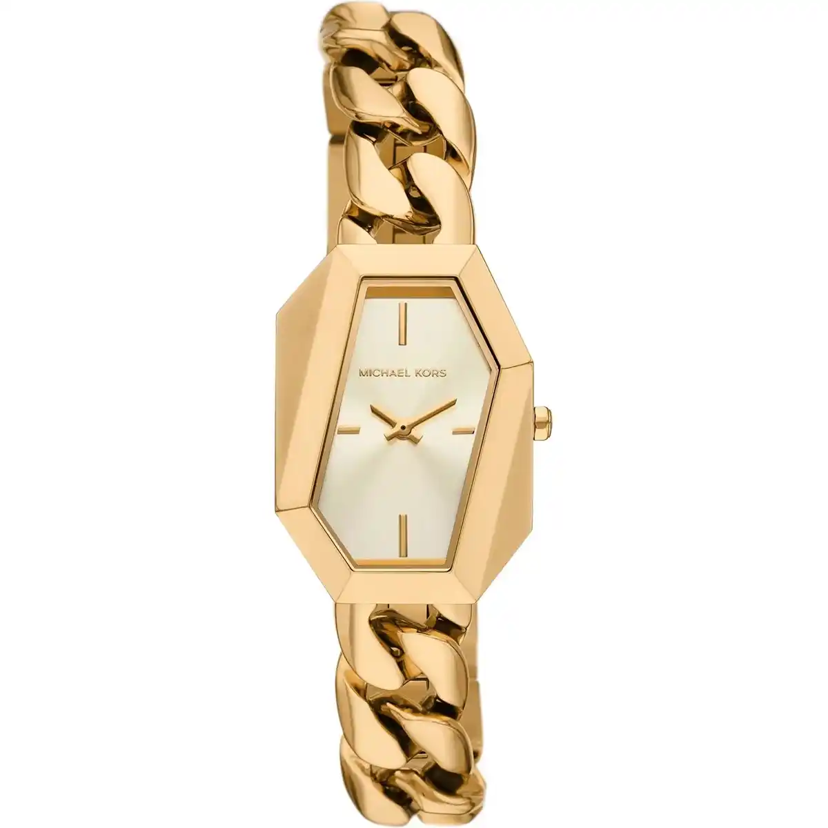 Elegant gold watch with chain bracelet.