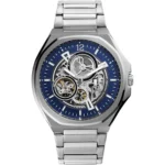 original fossil evanston automatic blue skeleton dial silver metal strap watch BQ2620