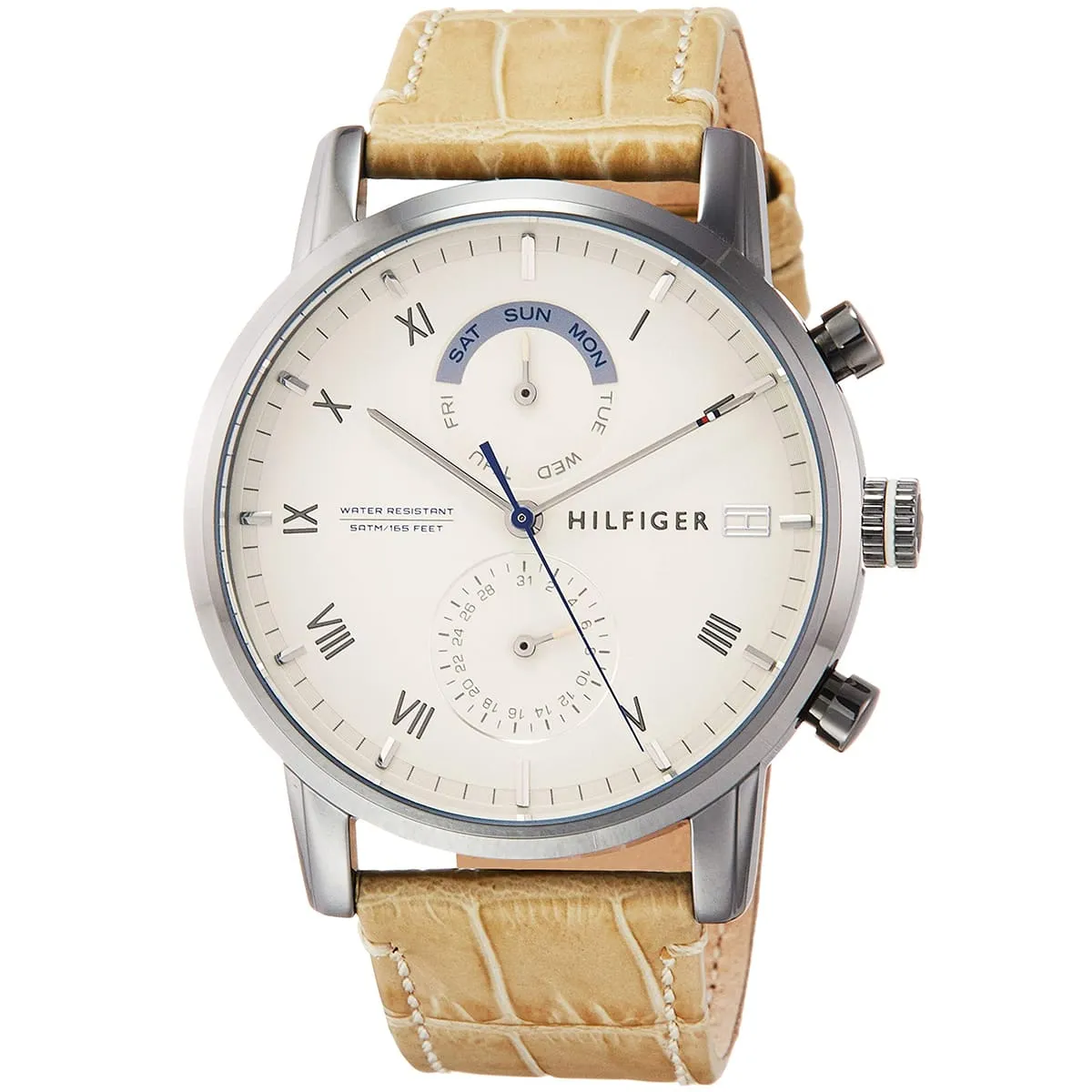1710399 tommy hilfiger watch water resistant 5atm 165 feet men beige dial leather strap quartz battery analog three hand kane 2