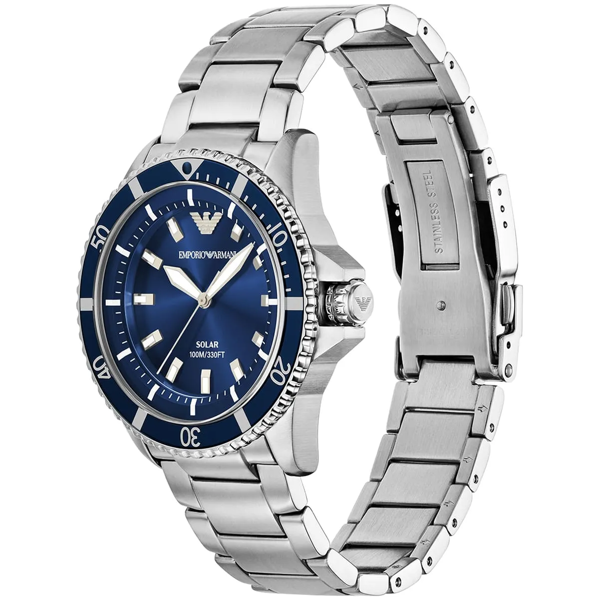 ar11697 emporio armani watch 100m 330ft men solar powered blue dial metal stainless steel silver strap quartz analog world explorer egypt 11