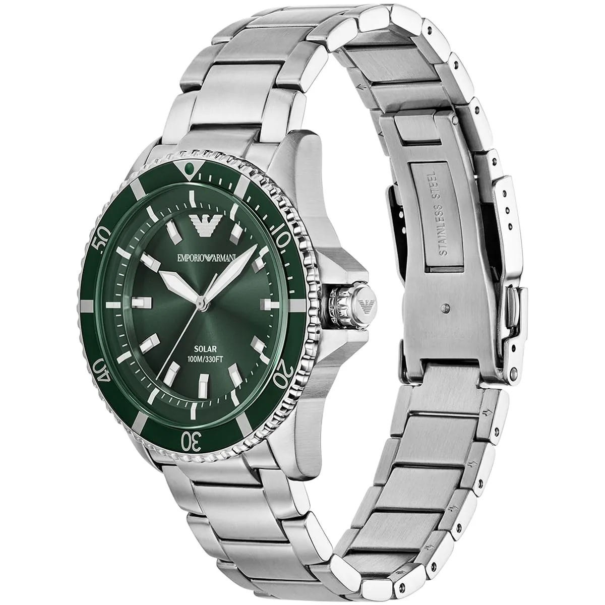 ar11698 emporio armani watch 100m 330ft men solar powered green dial metal stainless steel silver strap quartz analog world explorer egypt 2