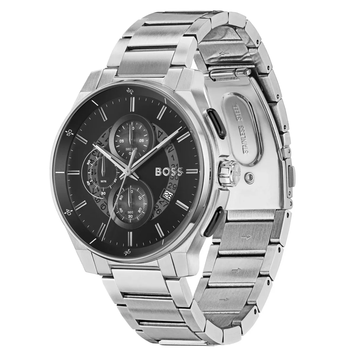 1514191 hugo boss original watch men black dial stainless steel metal silver strap quartz battery analog chronograph peak 2