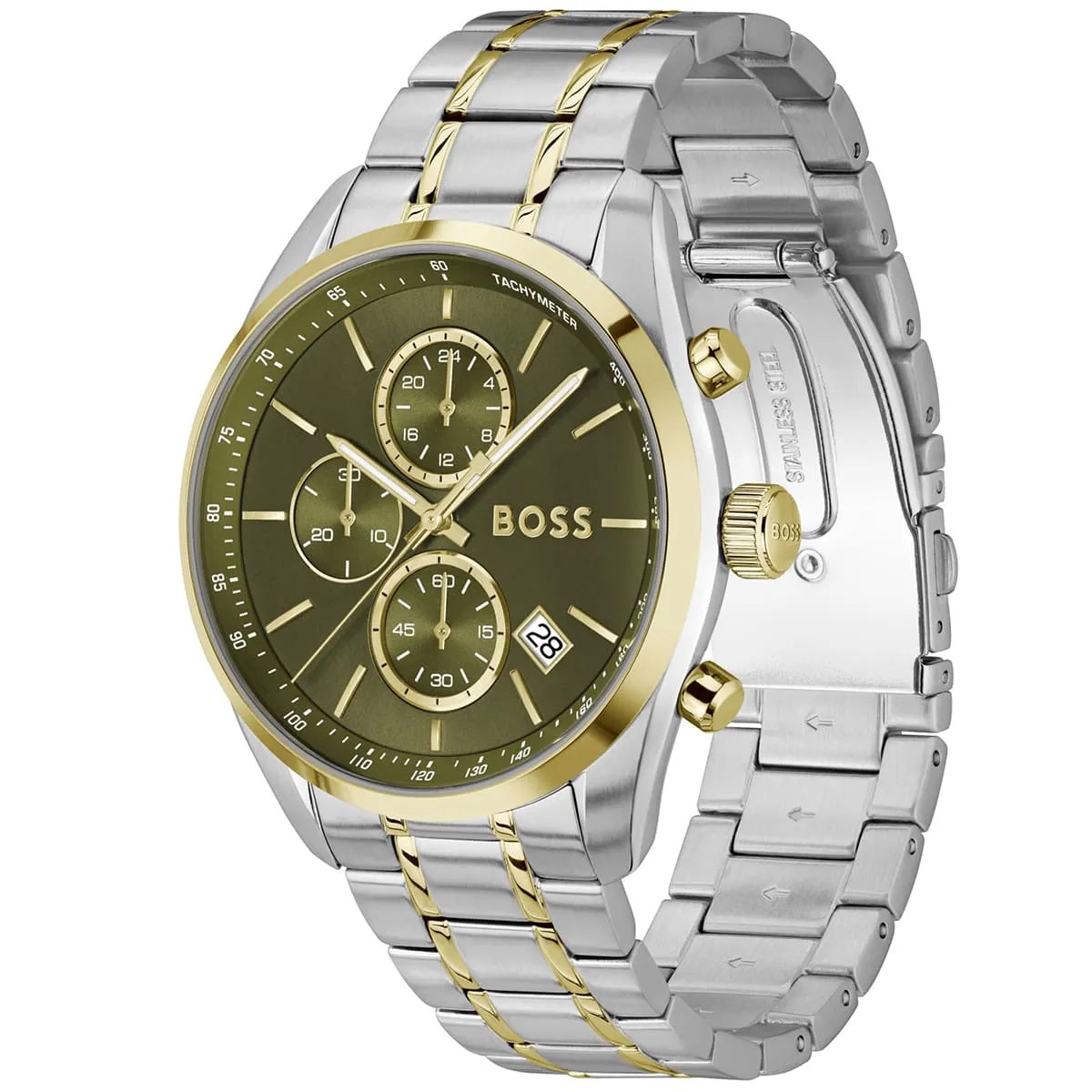 1514227 hugo boss original watch men two tone green dial stainless steel metal silver gold strap quartz battery analog chronograph grand