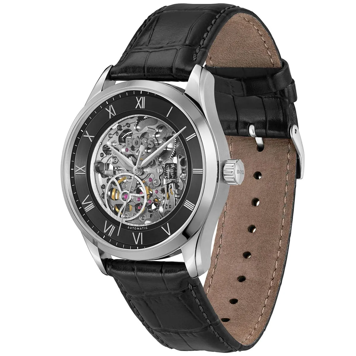 1514234 hugo boss watch automatic men black dial leather strap analog three hand principle skeleton 2