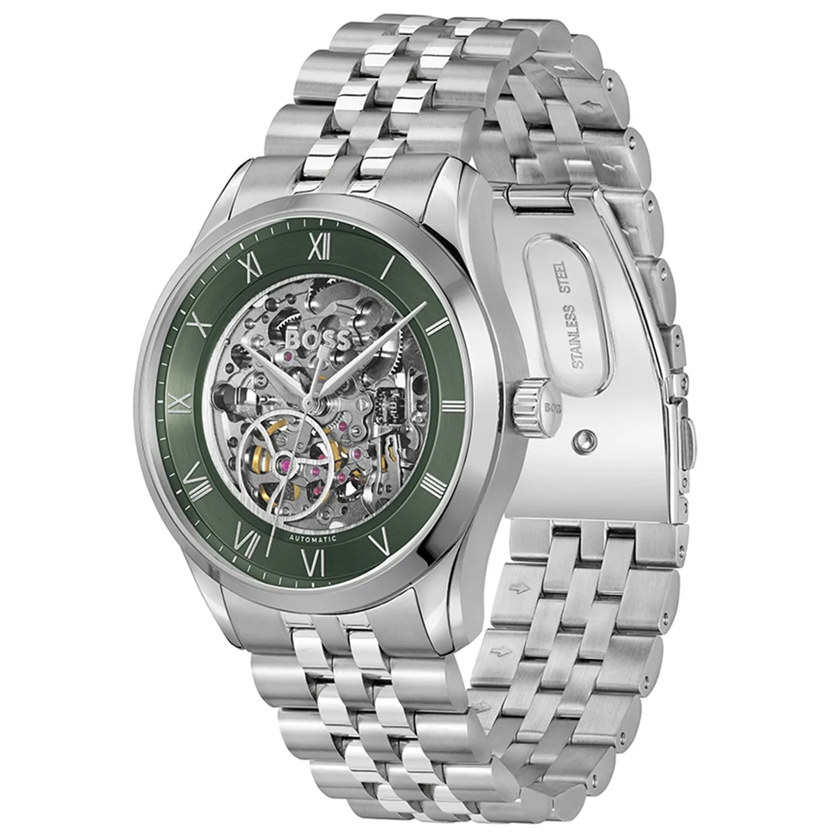 1514236 hugo boss watch automatic men green dial silver metal strap analog three hand principle skeleton 2