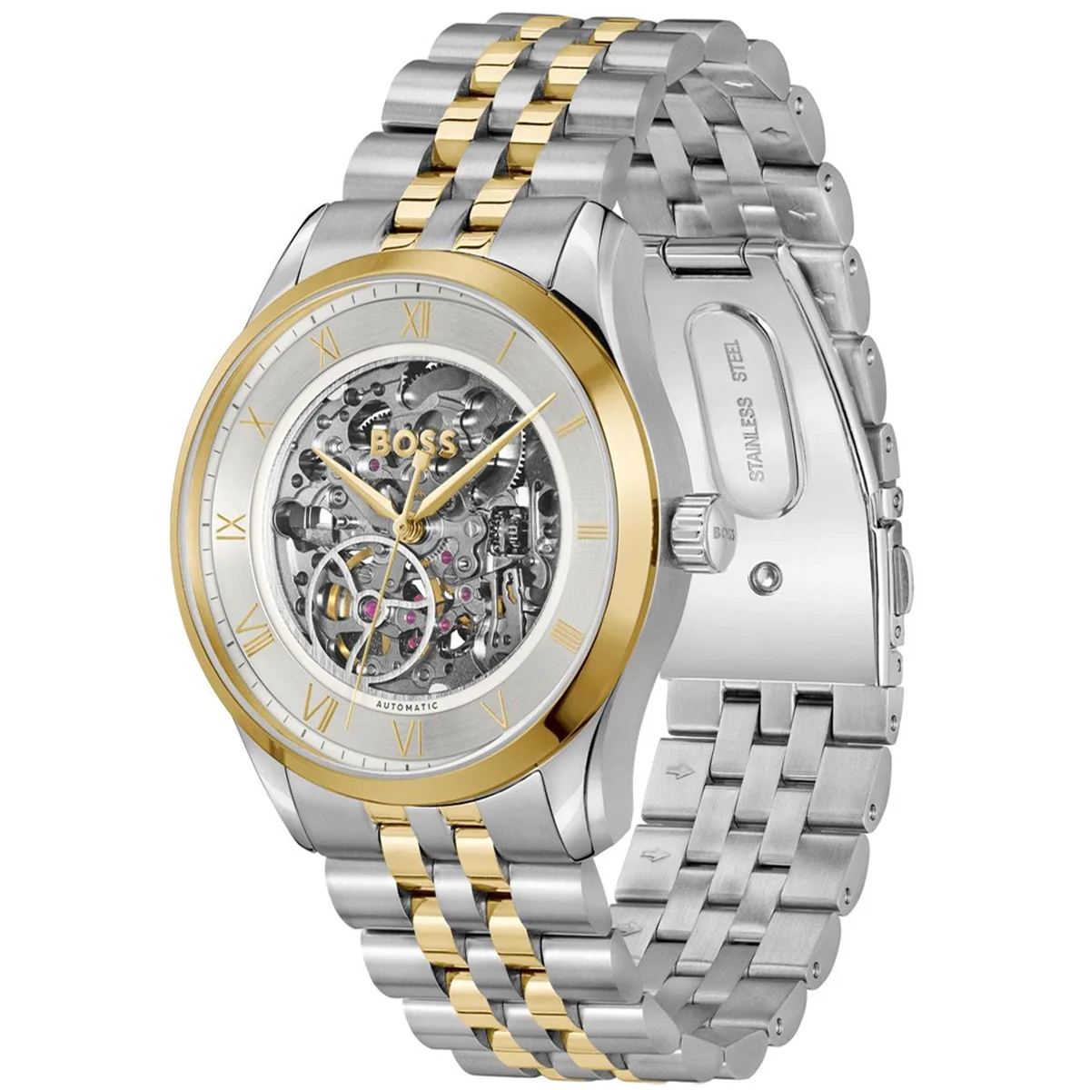1514237 hugo boss watch automatic men two tone silver dial stainless steel metal silver gold strap analog three hand principle skeleton egypt 2