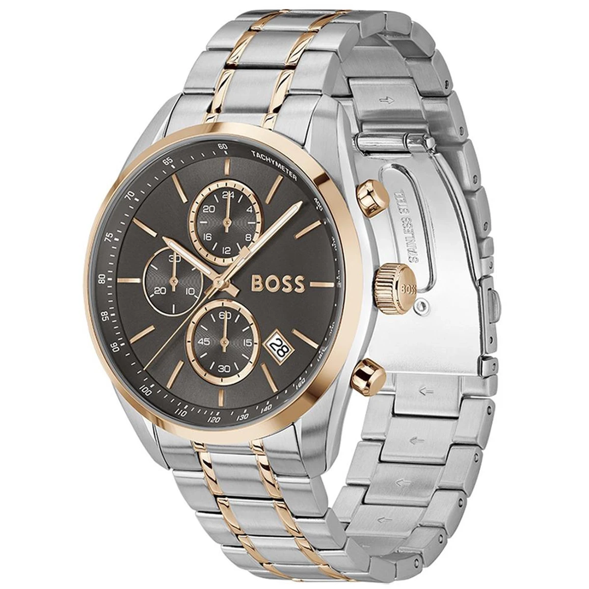 1514252 hugo boss original watch men two tone gray dial stainless steel metal silver rose gold strap quartz battery analog chronograph grand