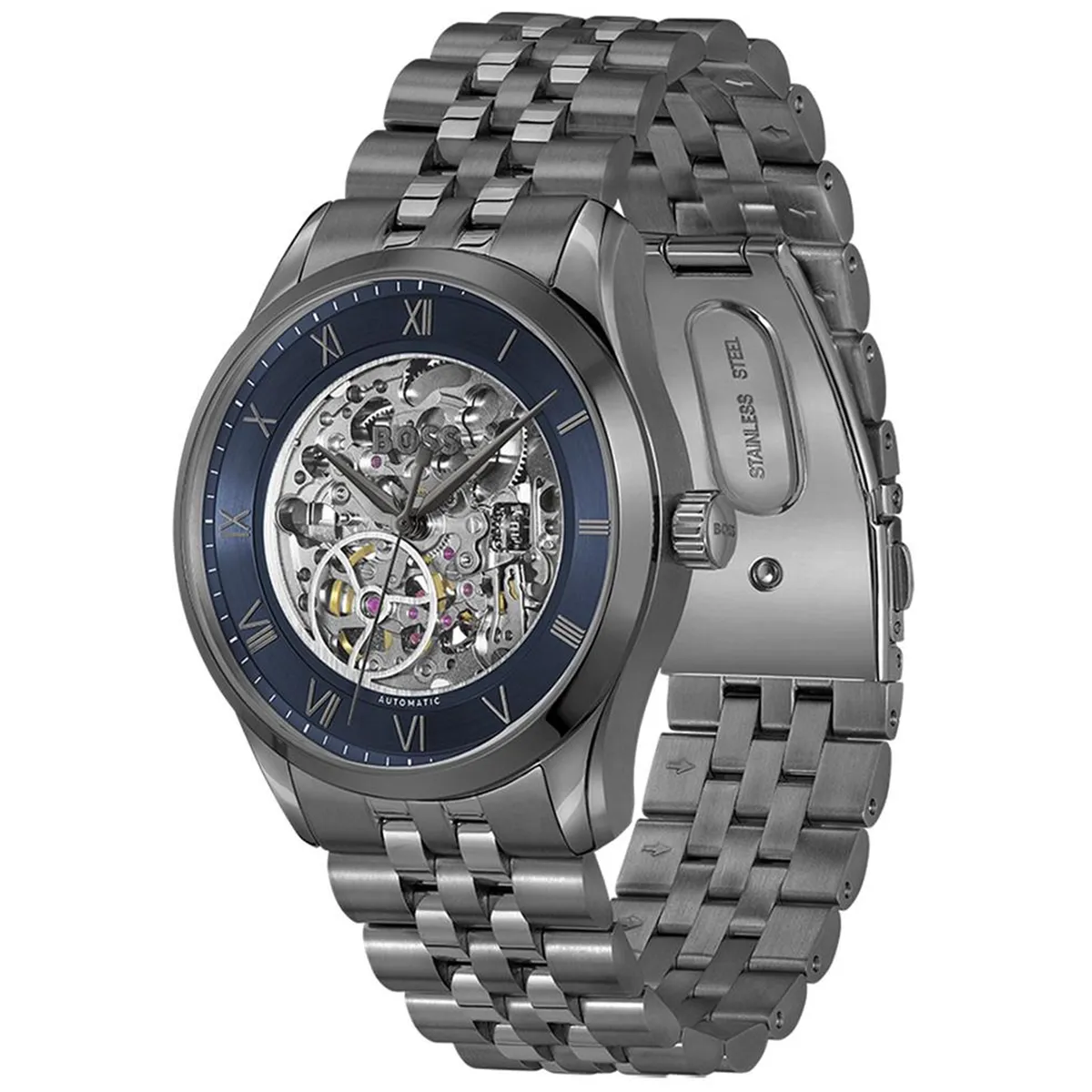 1514254 hugo boss watch automatic men two tone blue dial stainless steel metal gray strap analog three hand principle skeleton egypt 2