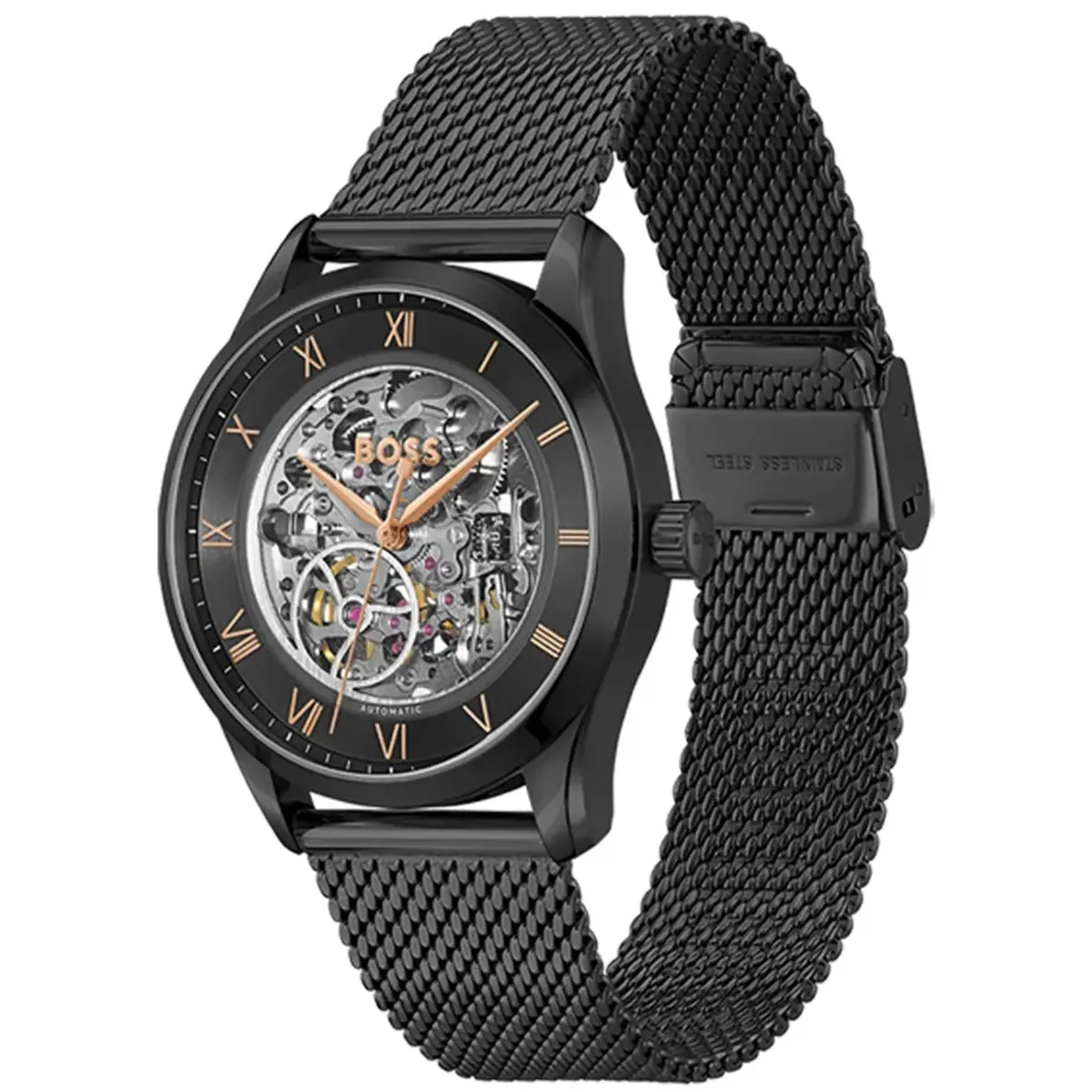 1514255 hugo boss watch automatic men black dial mesh stainless steel metal strap analog three hand principle skeleton egypt 2