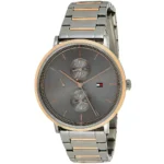 Men's wristwatch with gray dial, rose-gold bezel, and two-tone silver and rose-gold bracelet featuring a small brand flag logo on the dial side panel.