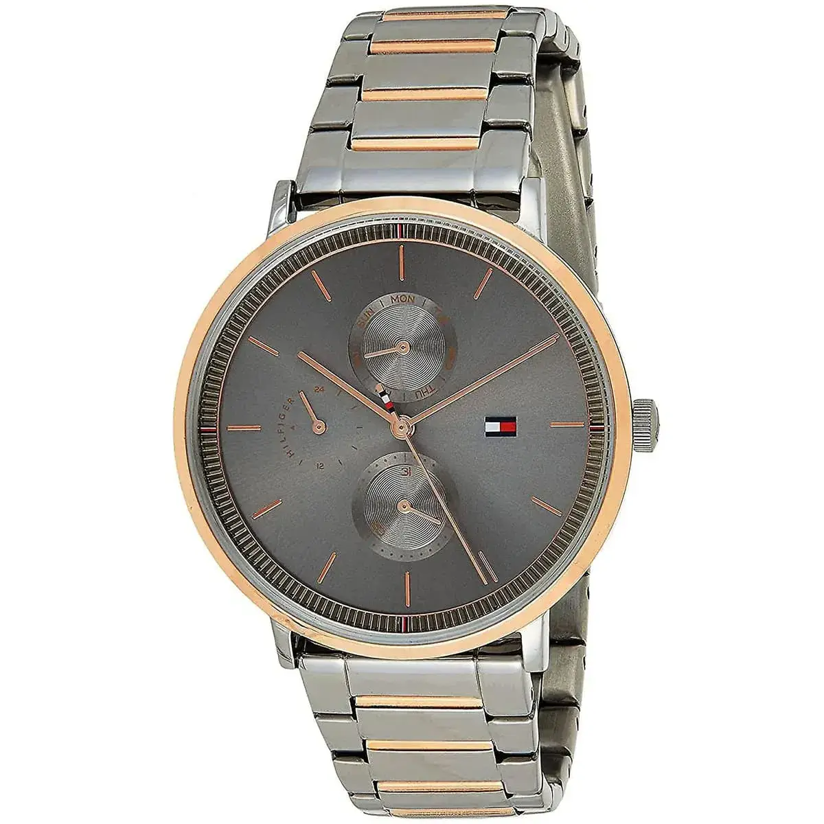 Men's wristwatch with gray dial, rose-gold bezel, and two-tone silver and rose-gold bracelet featuring a small brand flag logo on the dial side panel.