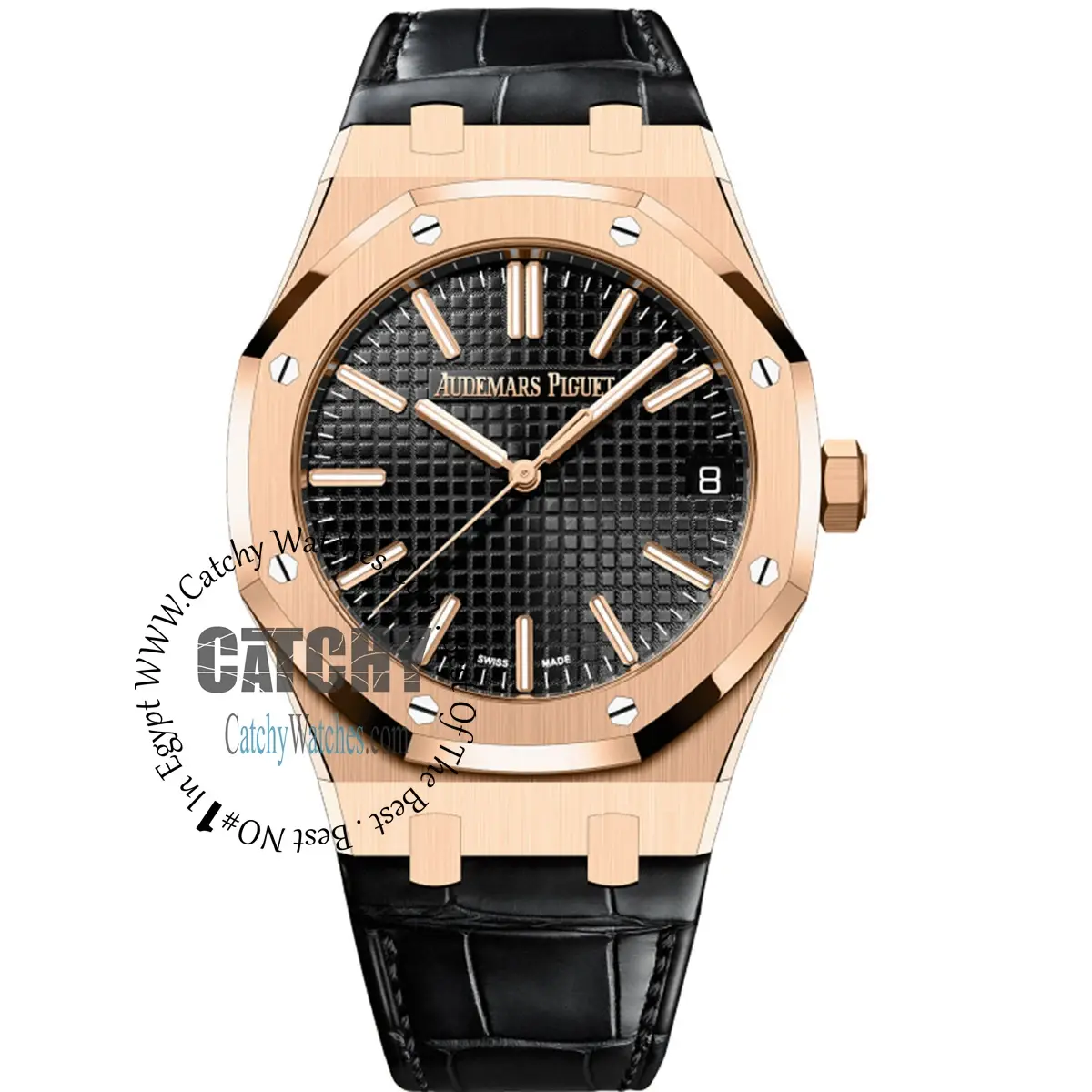 audemars-piguet-royal-oak-rose-gold-case-black-dial-leather-strap-automatic
