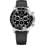 Rolex Oyster Perpetual Cosmograph Daytona with black dial, diamond hour markers, stainless steel case, and black rubber strap