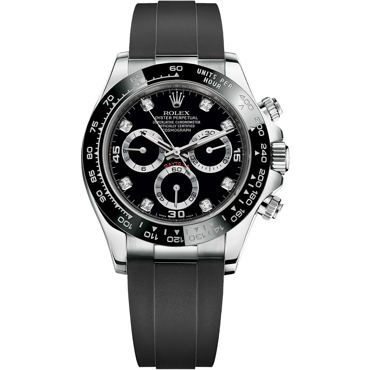 Rolex Oyster Perpetual Cosmograph Daytona with black dial, diamond hour markers, stainless steel case, and black rubber strap