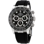 Rolex Oyster Perpetual Cosmograph Daytona with black dial, diamond hour markers, and black rubber strap.