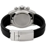 Back of stainless steel sports watch with black rubber strap and folding clasp; crown and pushers visible.