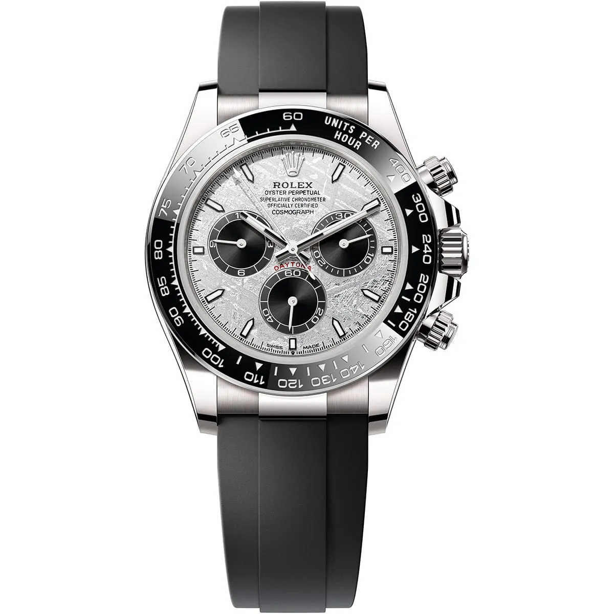 Rolex Oyster Perpetual Cosmograph Daytona watch with a textured silver dial, black subdials, and a black ceramic bezel with a rubber strap.