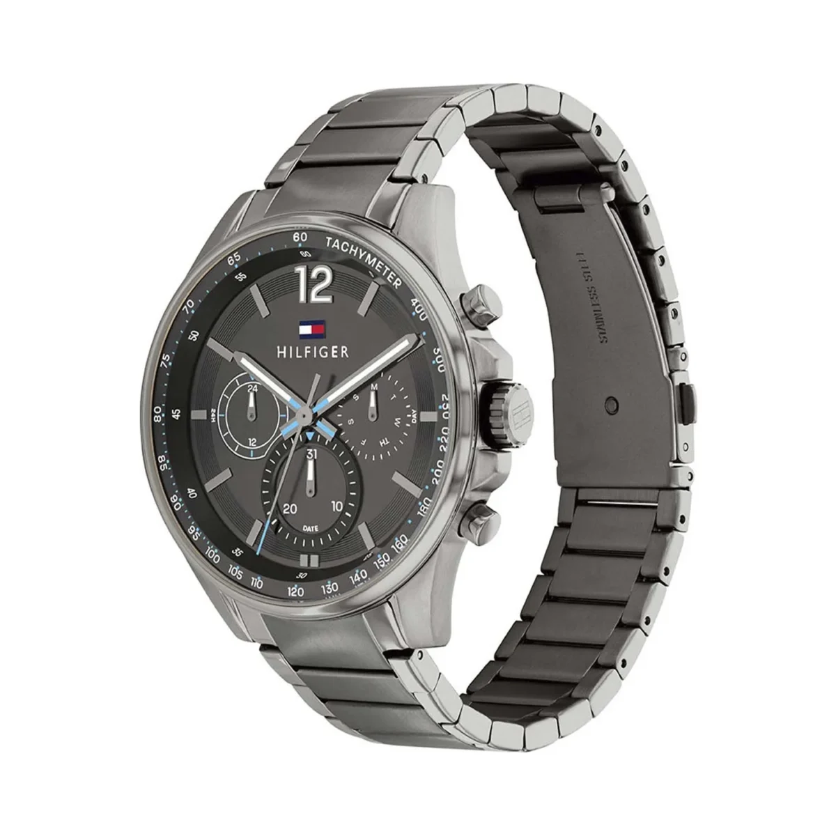 Stainless steel Hilfiger men's chronograph watch with black dial and tachymeter bezel