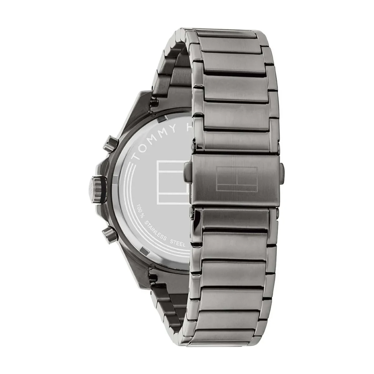 Back view of a silver stainless steel wristwatch with a metal link bracelet and deployment clasp.
