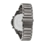 1791975w2 Back view of a silver stainless steel wristwatch with a metal link bracelet and deployment clasp.
