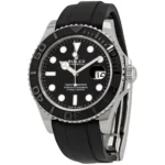 Rolex Yacht-Master watch with black dial, white hour markers, and a black bezel; stainless steel case and black rubber strap.