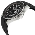 Rolex Yacht-Master watch with a black dial, large circular/bar hour markers, and a black rubber strap.