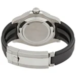 Rolex watch shown from the back with a metal case, screw-down crown, and black Oysterflex rubber strap with a folding clasp