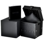 Black gift set with a textured wallet and a hinged open lid, shown against a white background.