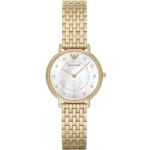 Gold-tone Emporio Armani wristwatch with a round mother-of-pearl dial and diamond markers on a linked bracelet.
