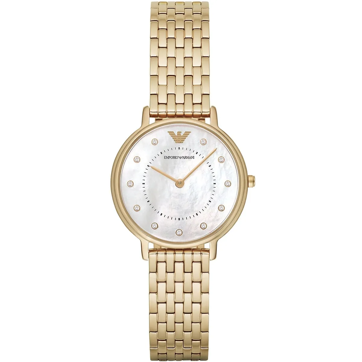 Gold-tone Emporio Armani wristwatch with a round mother-of-pearl dial and diamond markers on a linked bracelet.