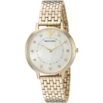 Gold-tone wristwatch with a metal link bracelet and mother-of-pearl dial featuring crystal hour markers and the Emporio Armani logo at 12 o'clock