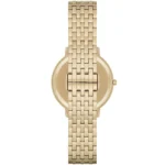 Gold-tone wristwatch shown from the back, metal link bracelet with deployment clasp.