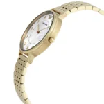 Gold-tone wristwatch with a white mother-of-pearl dial and crystal hour markers.